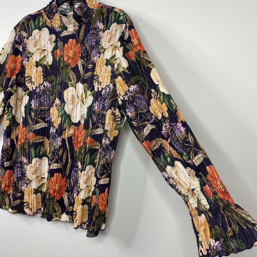 Chico's Womens 4 XXL Dark Purple Floral Pleated Blouse Long Sleeve Mock Neck Top - Picture 3 of 16